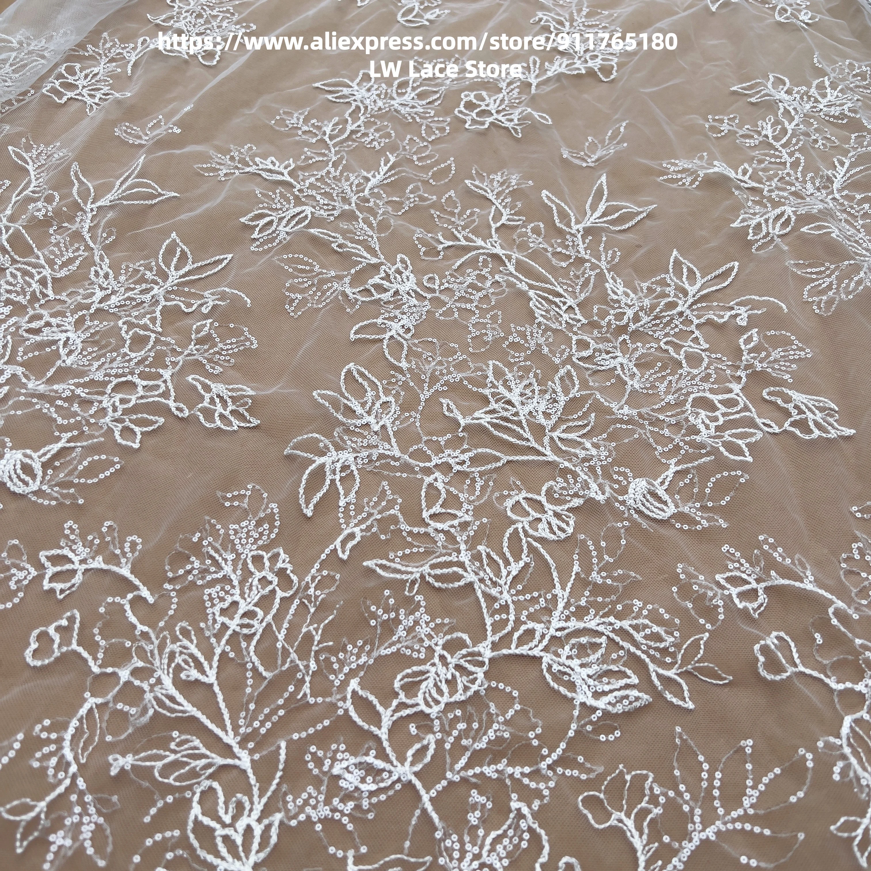 Small Delicate Sequins Sparkly Lace 1 Yard 2023 NEW Off White Hollow See-through Skirt Dress Material