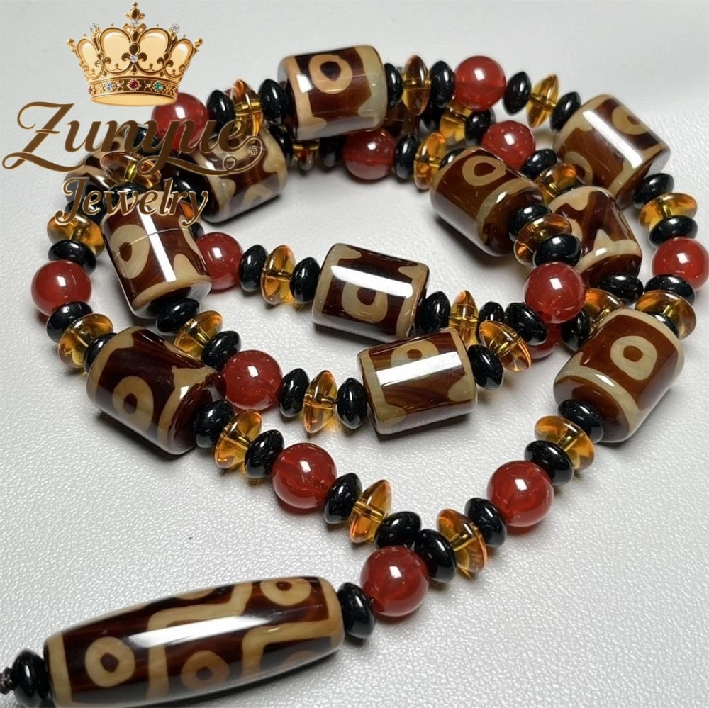 Natural Agate Nine Eyes Dzi Bead Sweater Necklace Long Multi-color Gemstone Beaded Unisex Retro Pendant Jewelry Daily Wear Gift
