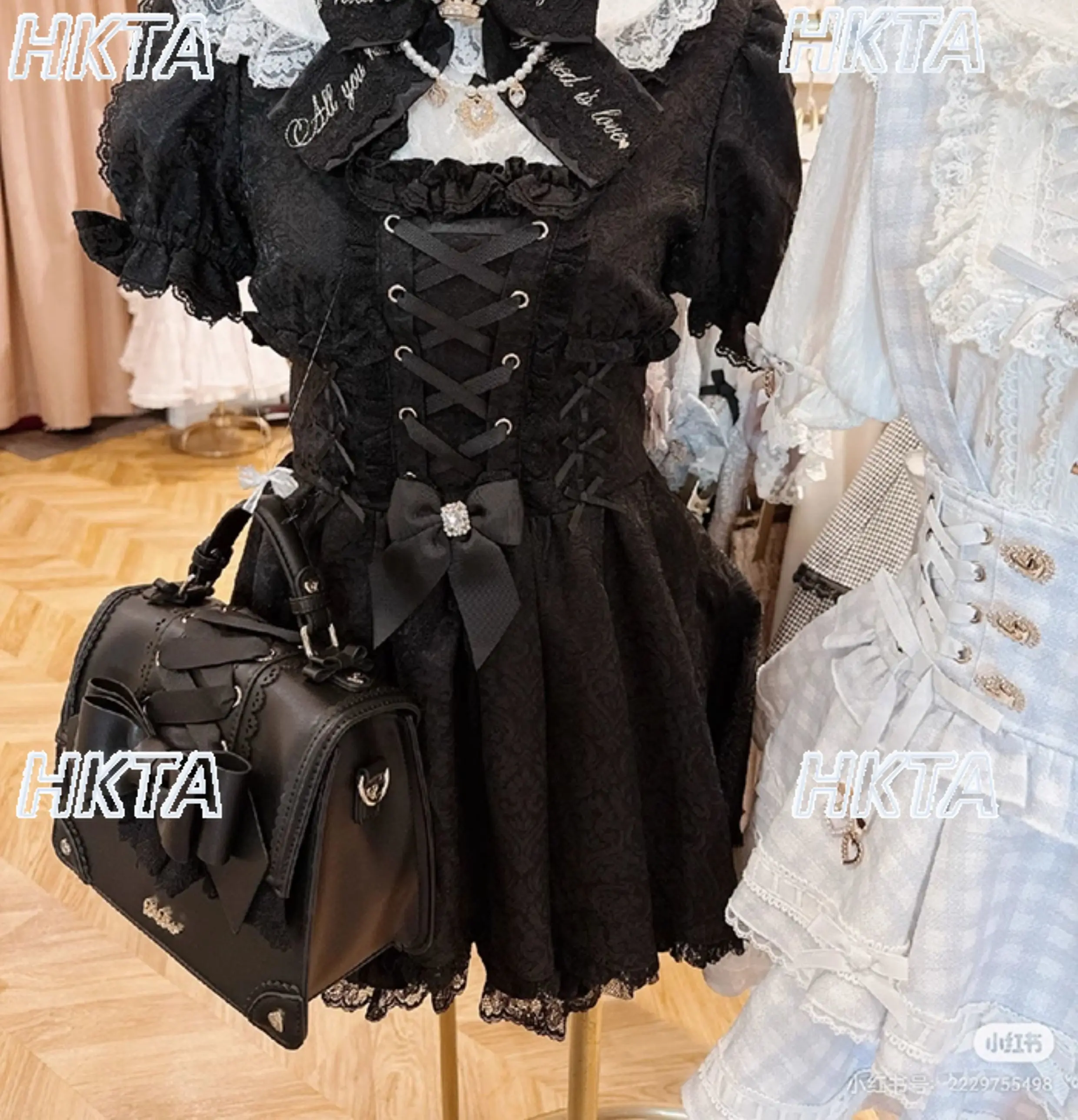 Estilo japonês outono novas minas doces bonito grande arco vestido conjunto moda high-end design puff manga curta vestido shorts conjunto de 2 peças