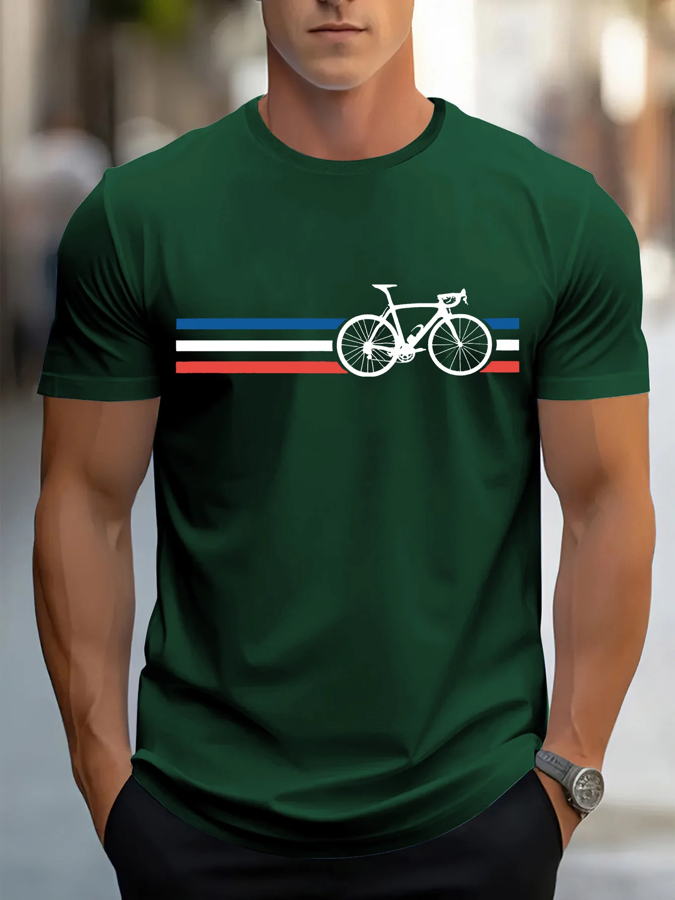 Men's summer 100% pure cotton casual fashionable loose bicycle pattern casual round neck short sleeved T-shirt versatile top