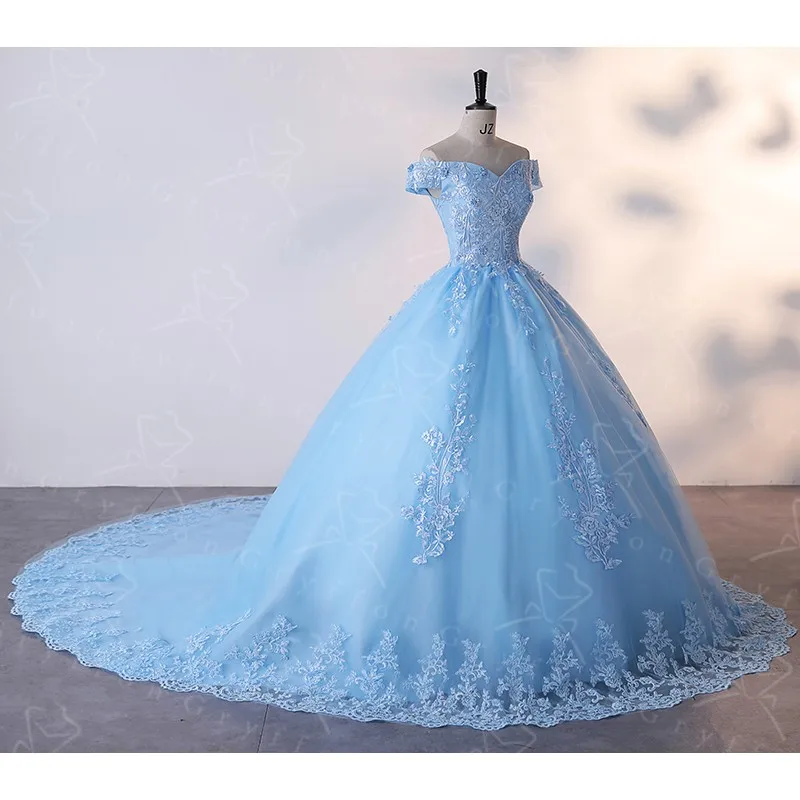 Light Blue Quinceanera Dress With Trian Sweet Flower Party Dress Luxury Ball Gown Real Photo Boho Prom Dress Plus Size