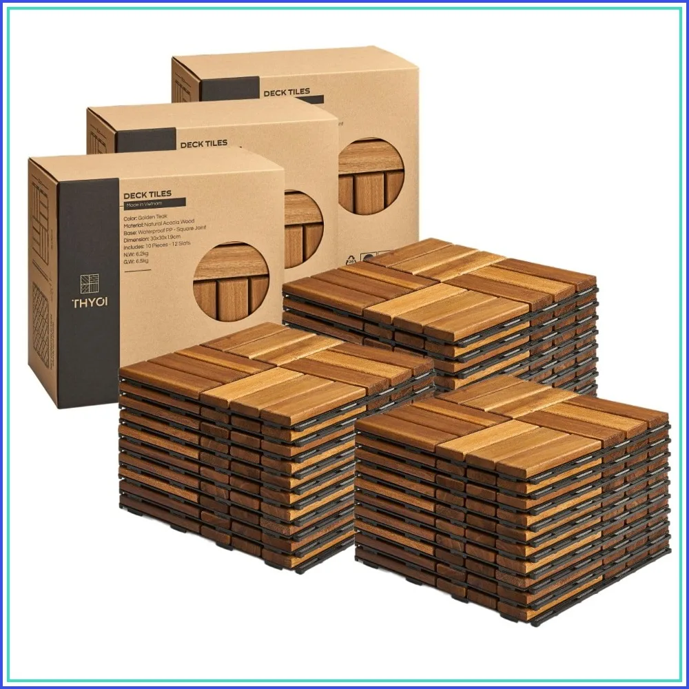 Deck Tiles 30 Pcs Patio Flooring Golden Teak Crossed Interlocking