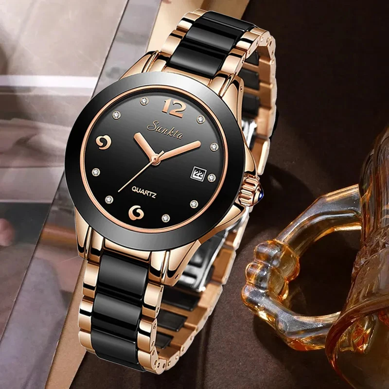 Relojes LIGE Sunkta elegantes a la moda para mujer, reloj informal de lujo de cerámica resistente al agua para mujer, reloj con fecha automática, reloj de cuarzo para mujer + caja