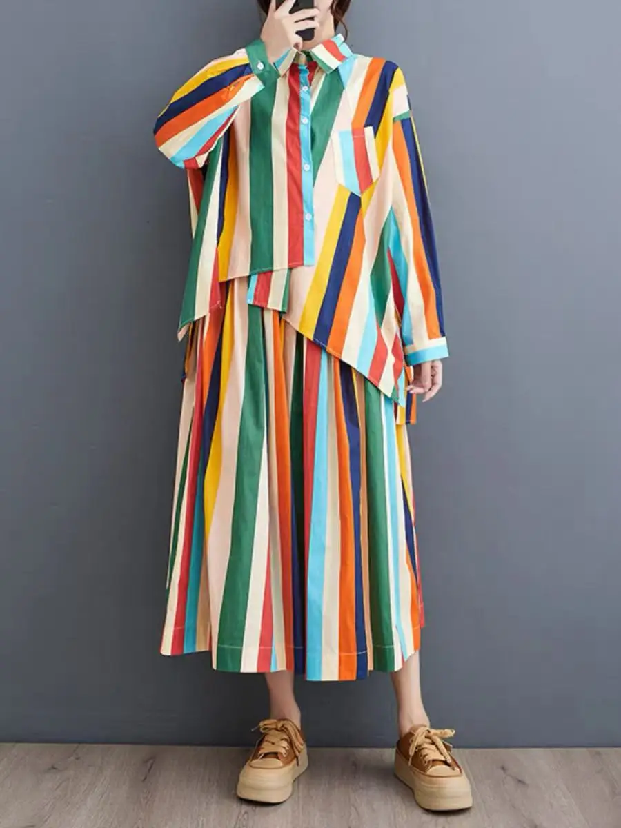 

2024 Autumn New Fashion Elegant Striped Patchwork Set Women Loose Long Sleeve Shirt Female Half Length Skirt Two-piece Set J647