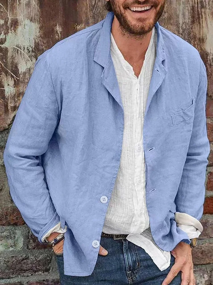 

Men's Simple Pure Color Cotton Linen Jaet Stand Fit Long Sve Button Decorated Spring Summer Autumn Outerwear