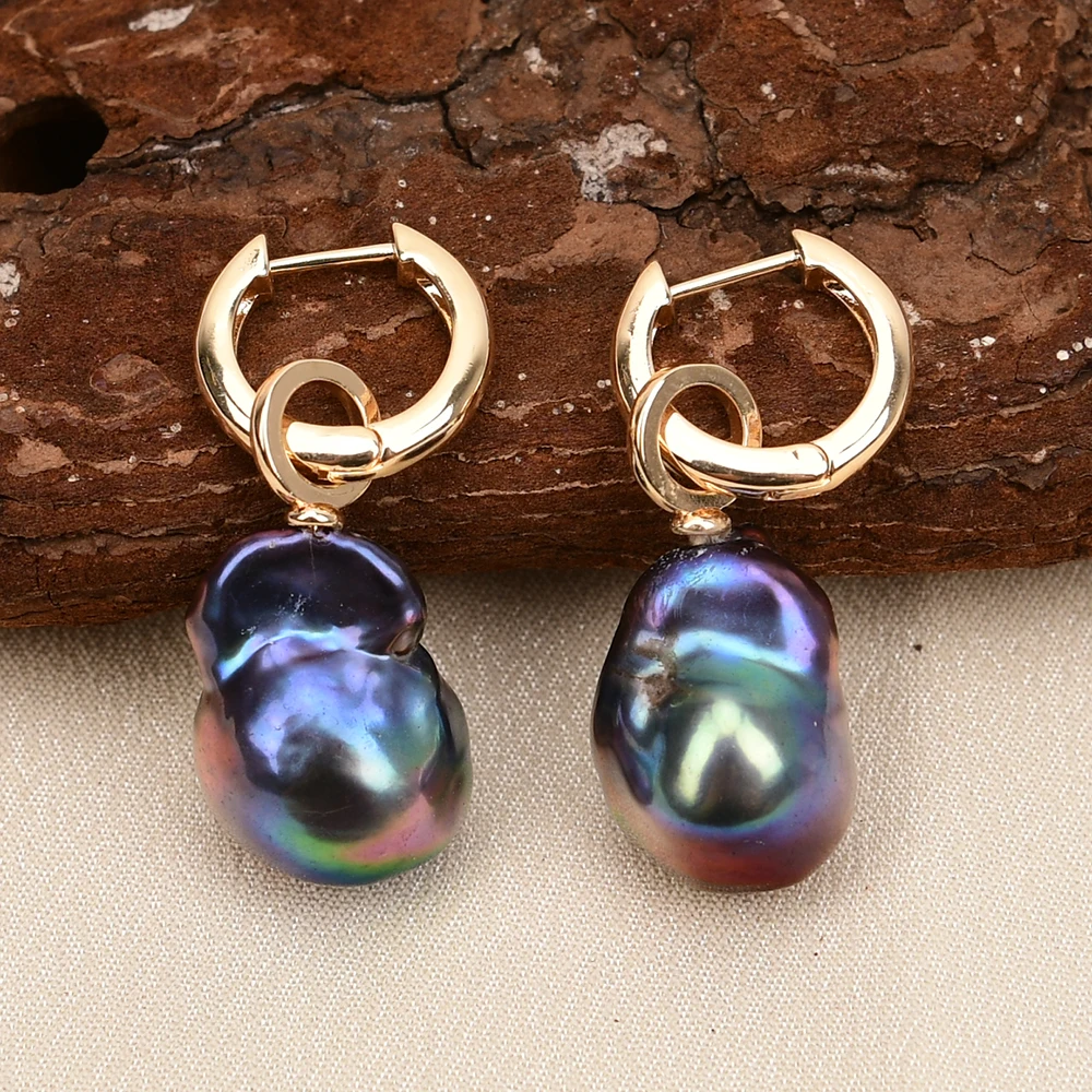 G-G Natural Black Keshi Baroque Freshwater Pearl Earrings Gold Plated hook For Women