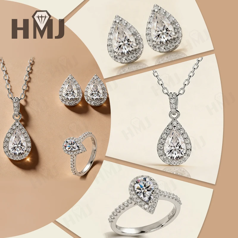 

D Белая груша огранки 1 карат-2 карата Муассанит Комплект ювелирных изделий Серебро 925 пробы Белое золото Серьги Кольцо и кулон Ожерелье Подарочный набор на годовщину