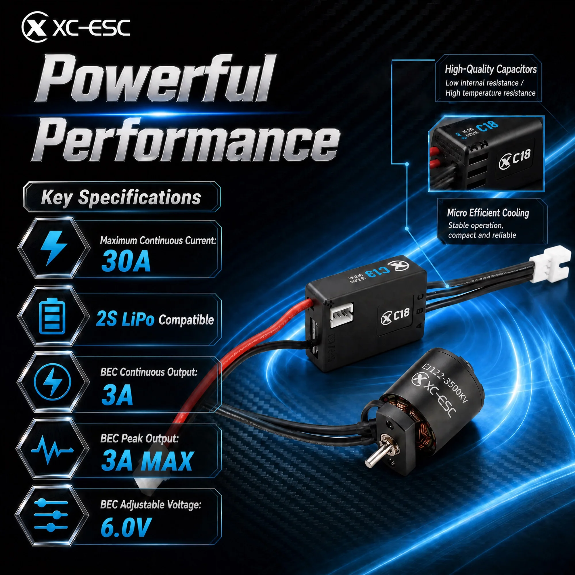 XC-ESC C18 30A ESC E1212 3500KV Motor Brushless Combo for 1/18 1/24 RC Model Car Buggy Truck Racing Accessories - view 4