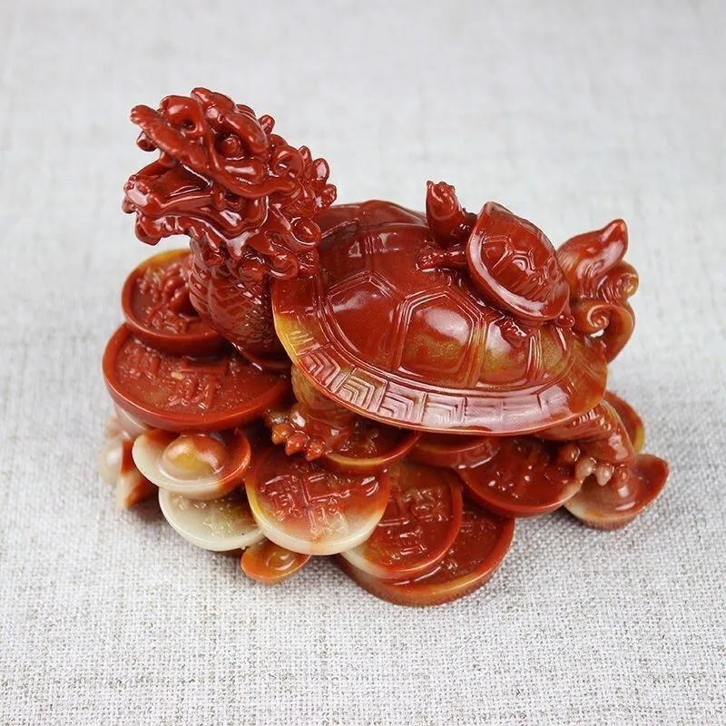 Natural Jade Stone Dragon Turtle Statue Cinnabar Ornament Home Office Decoration