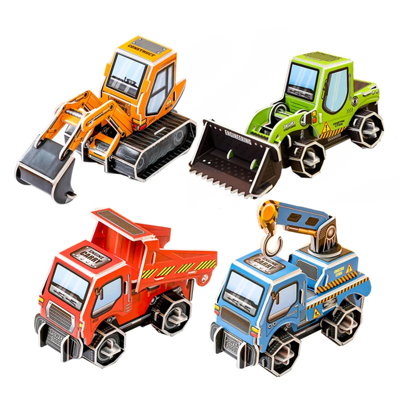 3D dessin animé ingénierie véhicule carton Puzzle pelle camion grue papier modèle pour enfants à la main bricolage jouet garçon cadeau P571