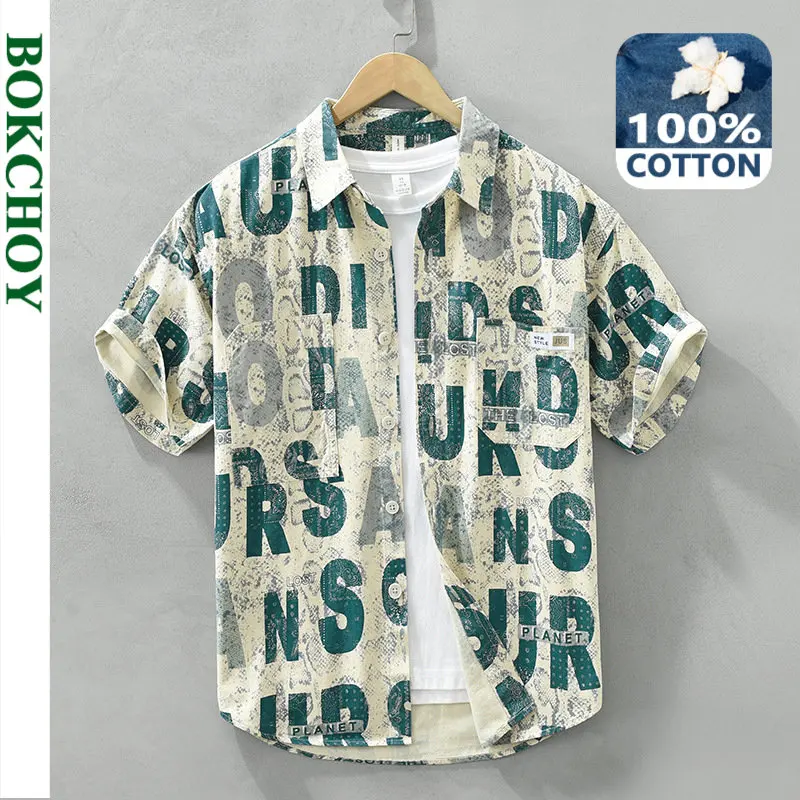 

Summer New 100% Cotton Printed Shirt for Men Clothing Thin Fashion Streetwear C2760