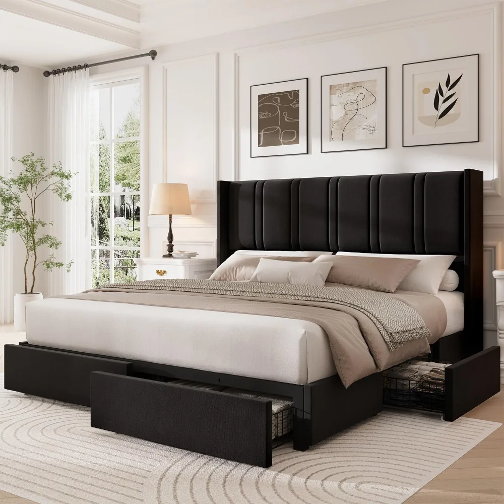 King Size Bed Frame with 4 Storage Drawers and Wingback Headboard Velvet Upholstered Platform Bed Frame with Wooden