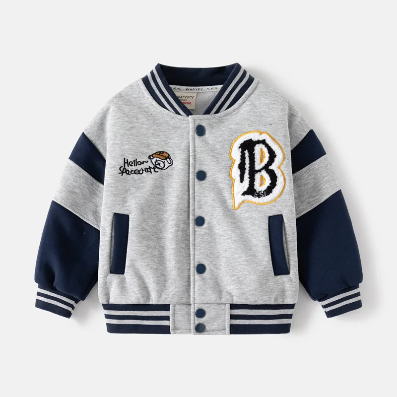 Kids' Baseball Jacket, Autumn Boys' Color-Block Letter Embroidered Long Sleeve Stand Collar Single-Breasted Sweatshirt, Ages 2-7