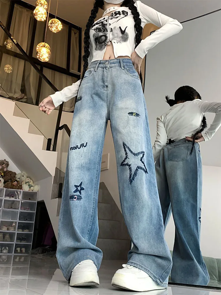 

American High Street Star Embroidery Straight Leg Jeans Women's High Waist Loose Short Casual Wide Leg Long Pants