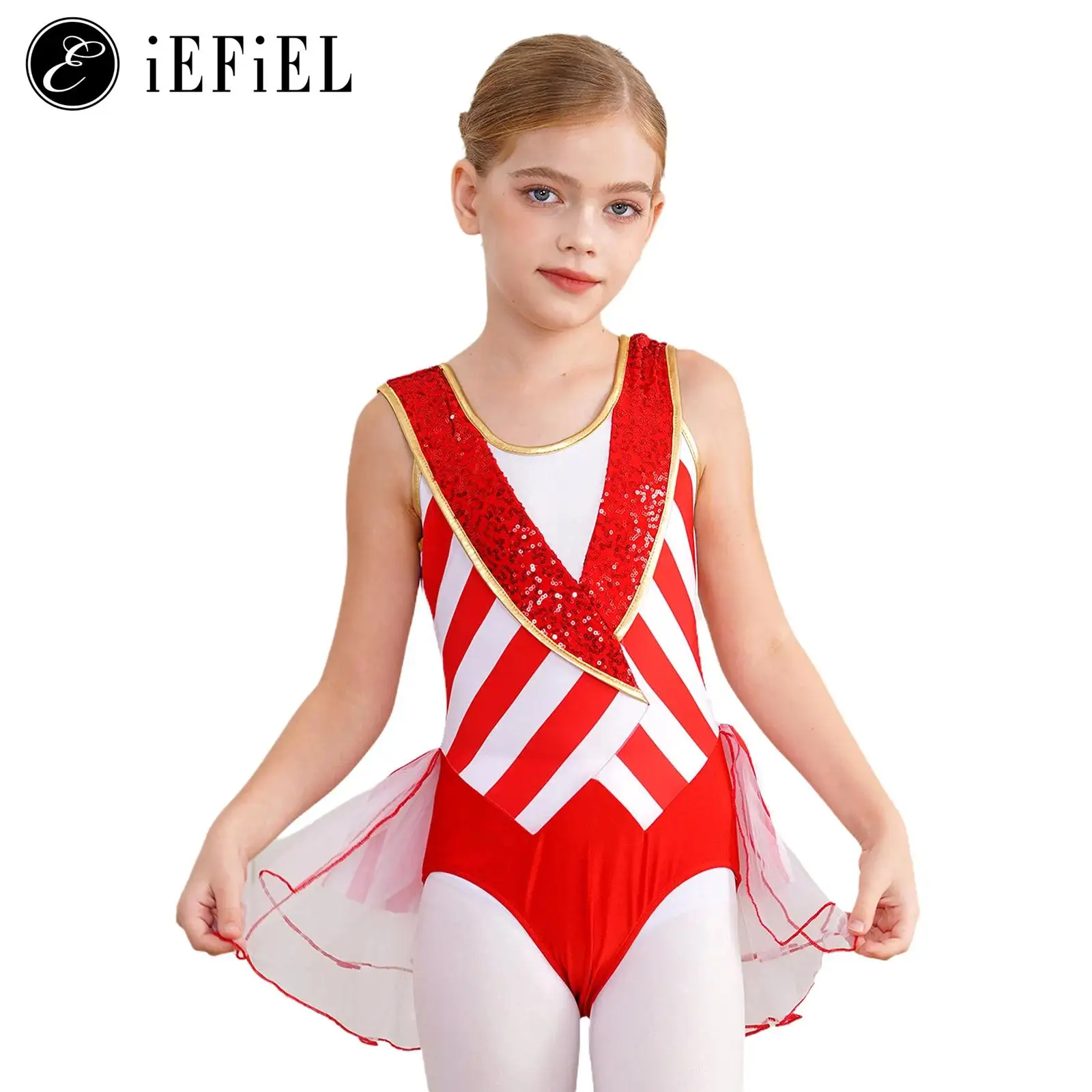 

Miss Santa Claus Dance Costume Candy Striped Sequins V Neck Leotard Tutu Skirts Christmas Party Dance Dress