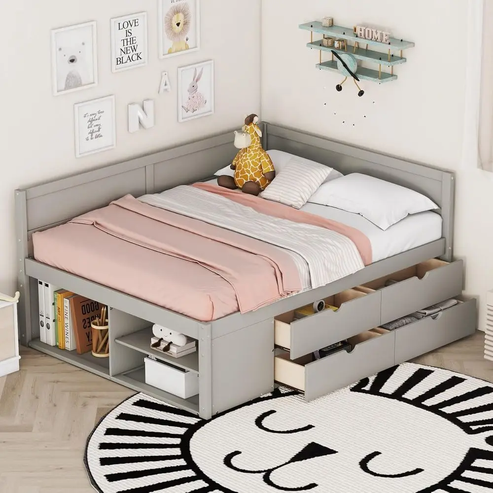 

Gray L-Shaped Daybed with Storage Drawers and Bookcase Shelves, Suitable for Kids, Boys, Girls, and Adults, Full Size