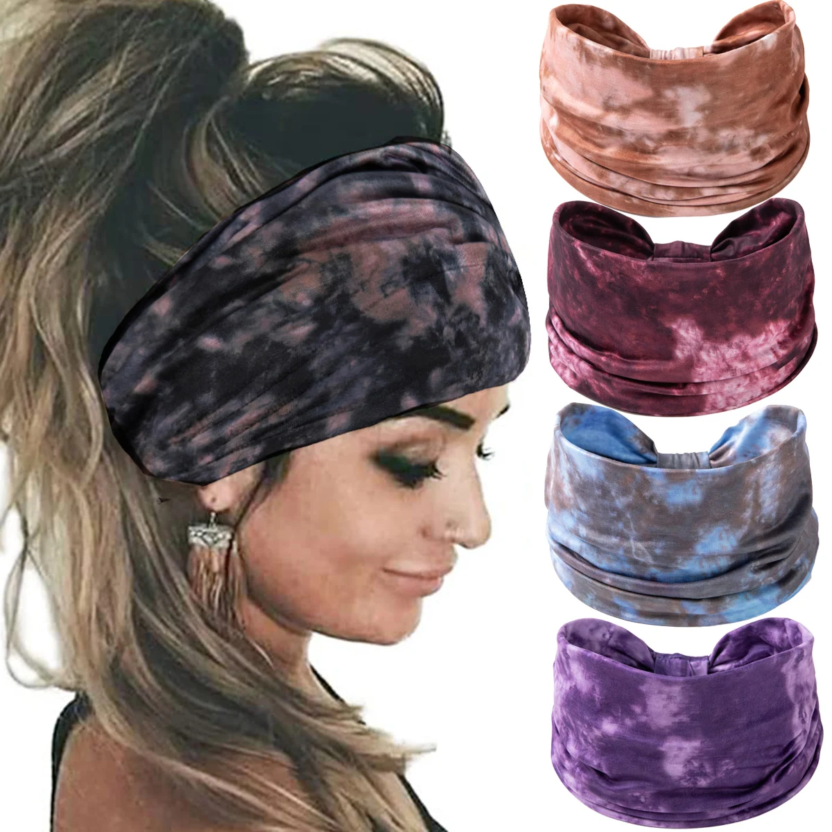 Wide Boho Headbands Women Knotted Headband Non Slip Elastic Hair Bands Tie Dye Turban Head Wraps Workout Yoga Sports Sweatbands