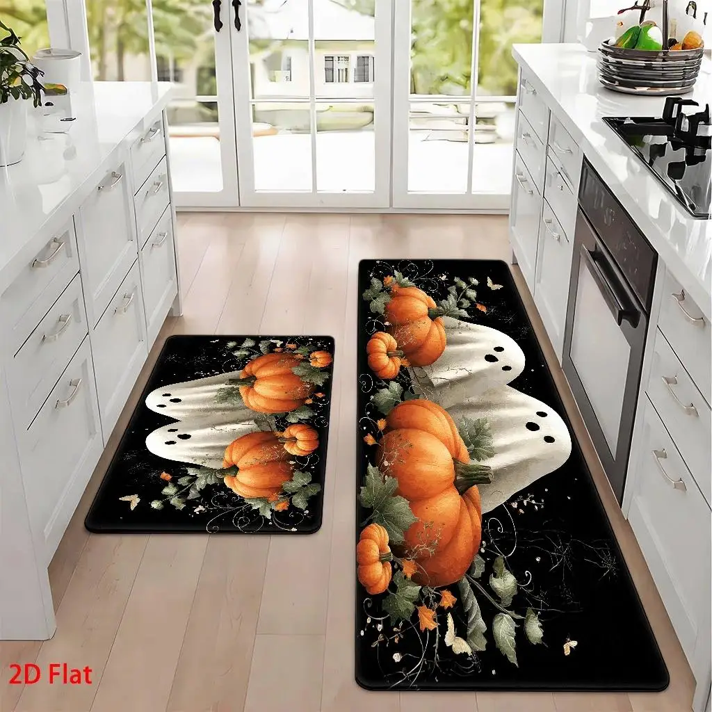 1pc, 2pcs, 3pcs, 2D Flat Kitchen Floor Mat Set, Halloween Ghosts And Pumpkins Themed Floor Mat, Spooky Decorative Kitchen Rug, Easy-To-Clean Bathroom Floor Mat, Suitable for Kitchen, Bathroom, Laundry Room, Dining Room, And Bedroom