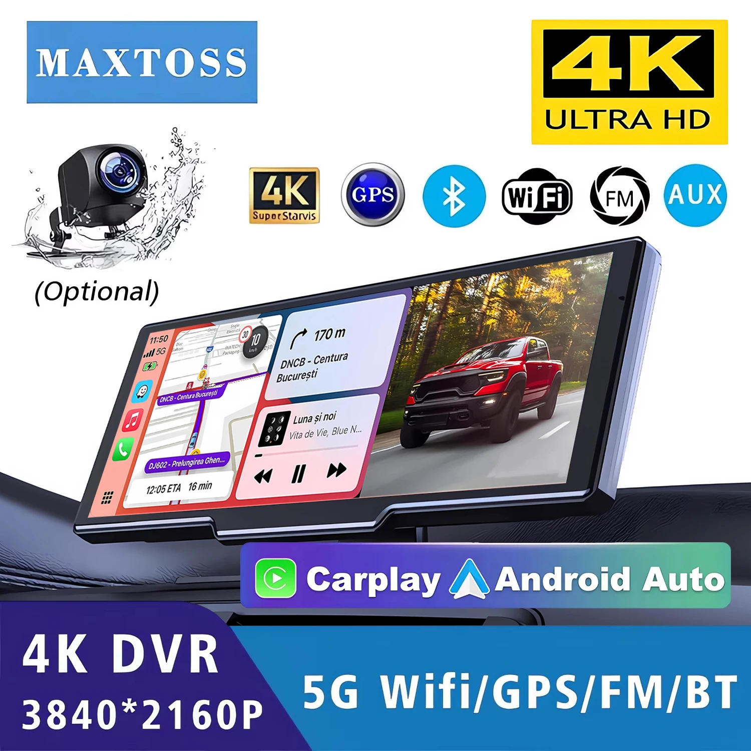Dash Cam 4K 3840*2160P 10.26” Car Dvr Carplay Android Auto GPS 5G WIFI  Stream RearView Mirror Dashcam Camera Drive Recorder