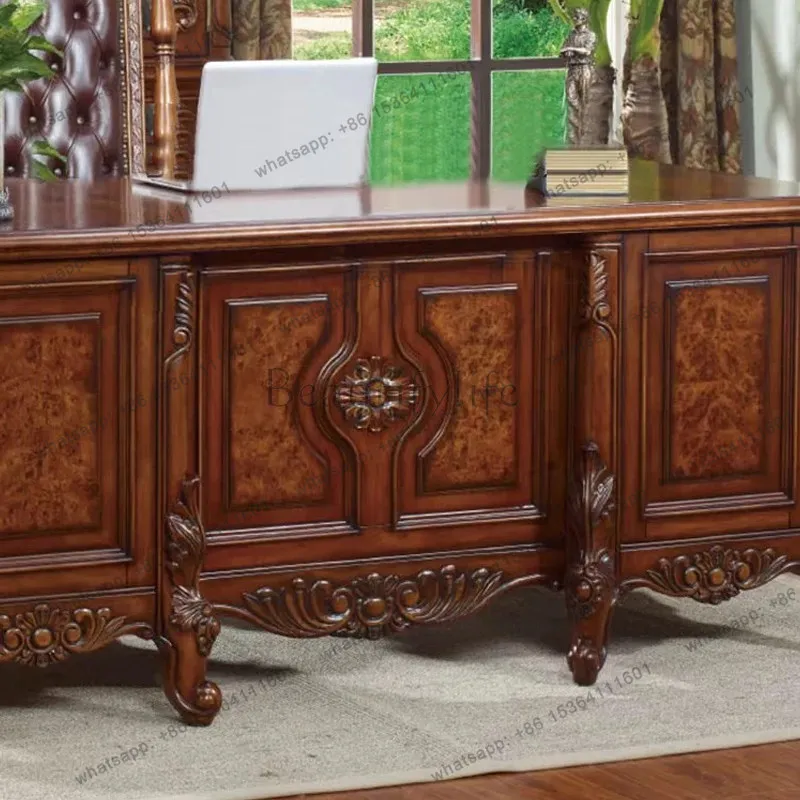 American solid wood boss desk bookcase combination European retro carved writing desk study