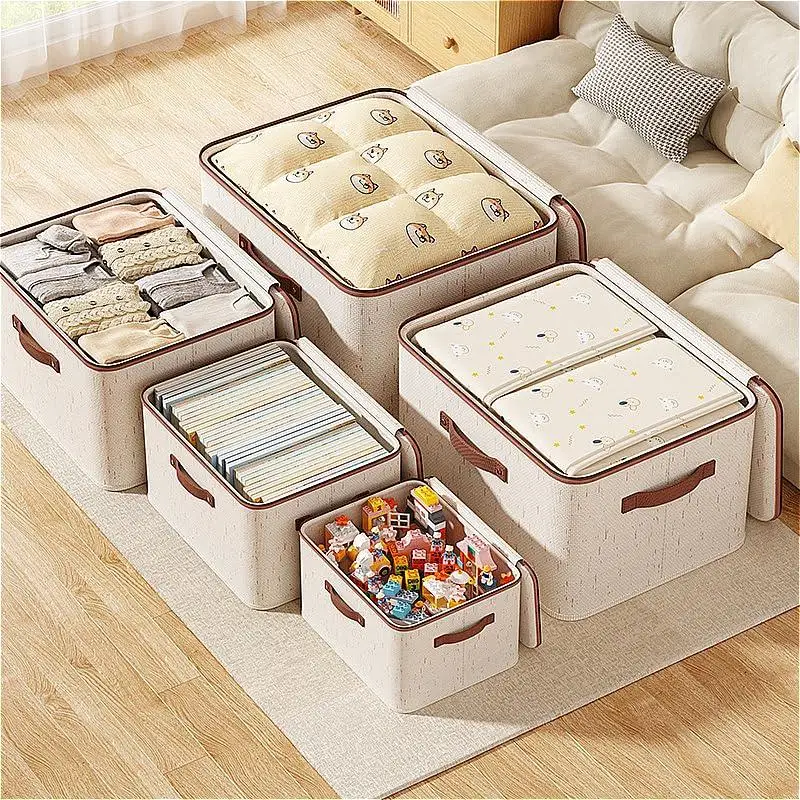 Cotton Linen Foldable Clothes Storage Box With Zipper Lid Portable Space Saving Durable Wardrobe Organizer For Home Closet Use view 3