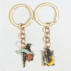 Cute Enamel Keychain Moon Flower Crow Feather Bird Key Ring Animal Key Chains Friendship Gift For Women Men DIY Handmade Jewelry