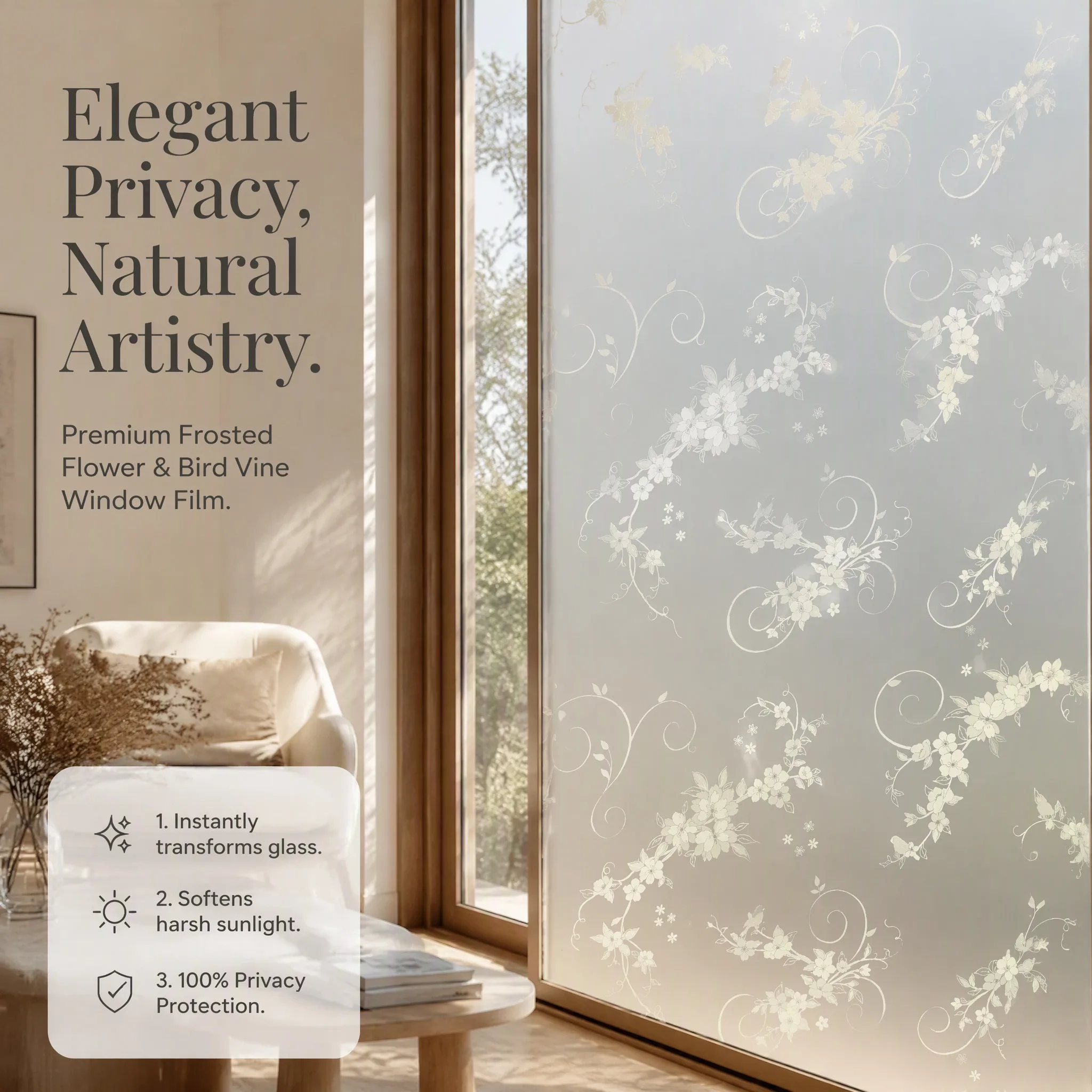 Vintage Floral Bird Scroll Self Adhesive Frosted Window Film Privacy Glass Sticker Anti UV Opaque Sparrow Vine Design