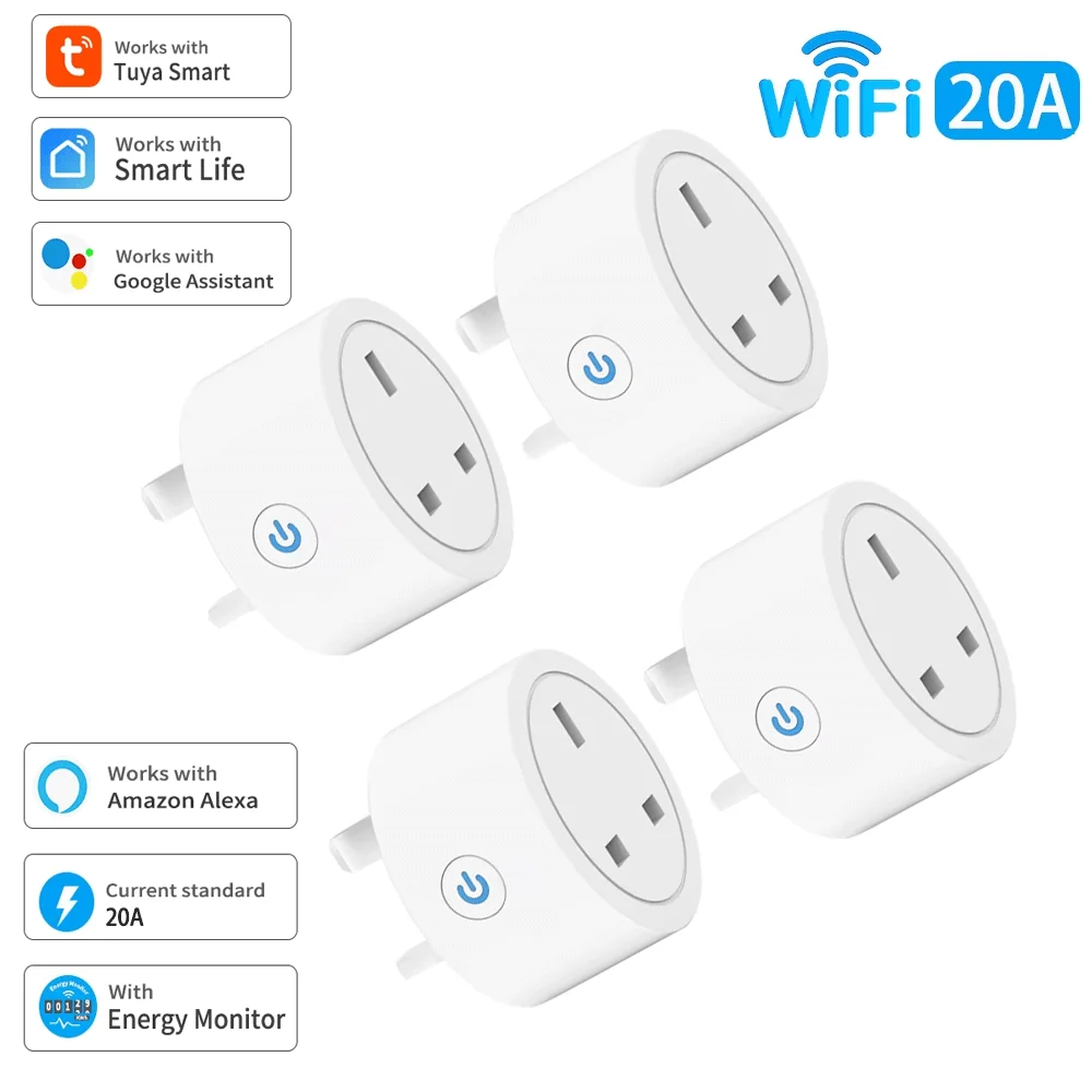 20A Tuya WiFi Smart Socket  UK Plug 3pin Adapter Home Alexa Voice Control With Energy Monitering Timer Function