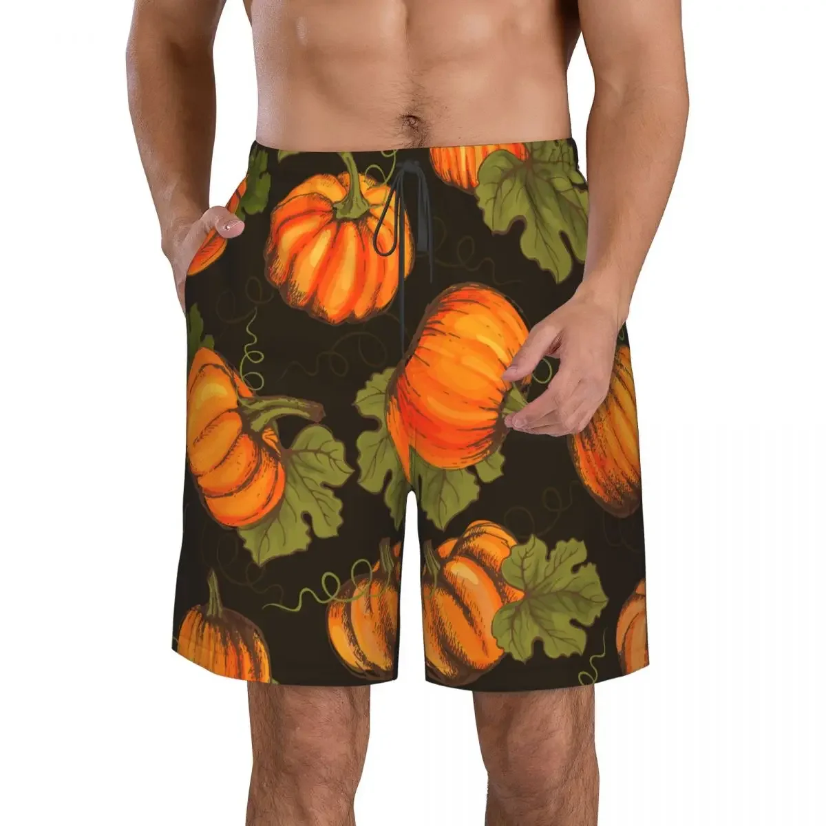 Mens Swimming Shorts Swimwear Farm Pumpkins With Leaves Men Trunks Swimsuit Beach Wear Boardshorts