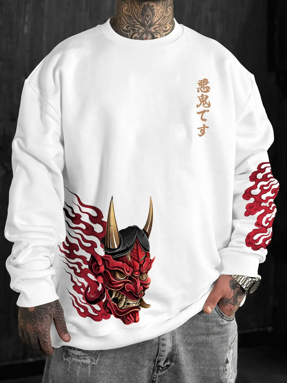 American men's autumn ghost mask flame letter print soft and comfortable round neck long sleeved T-shirt outdoor street top
