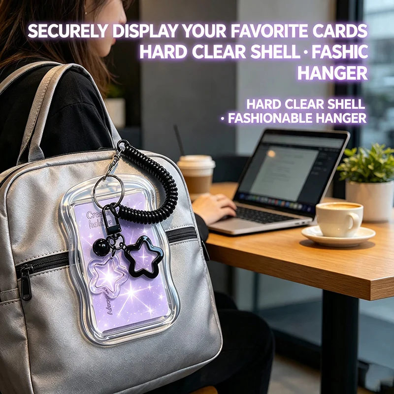 Soft Silicone Kpop Photocard Holder With Star Keychain Sliding Cover Transparent Card Holder Spring Rope Wallets & Holders