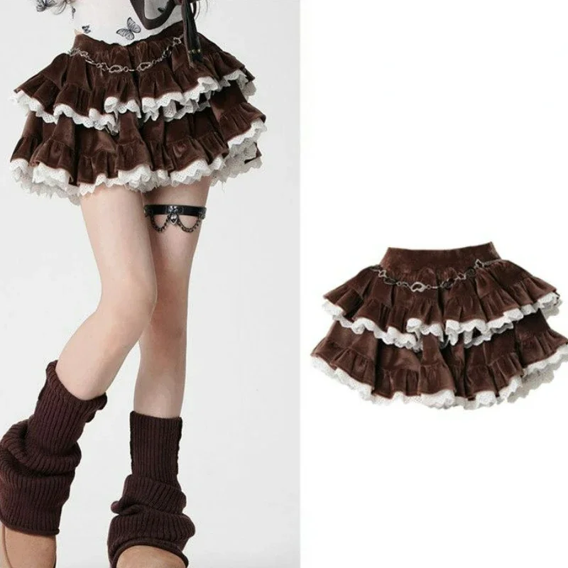

Gothic Y2k Lolita Velvet Skirt Women Sweet Cue High Waist Lace Ruffle Mini Skirts Japanese Style Fashion Casual Short Cake Skirt