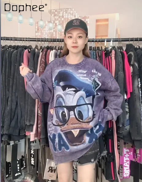 Autumn Heavy-duty Rhinestone Glasses Duck Cartoon Print Mid-length Round Neck Fashion Loose Sweatshirt Oversized Sports Shirt
