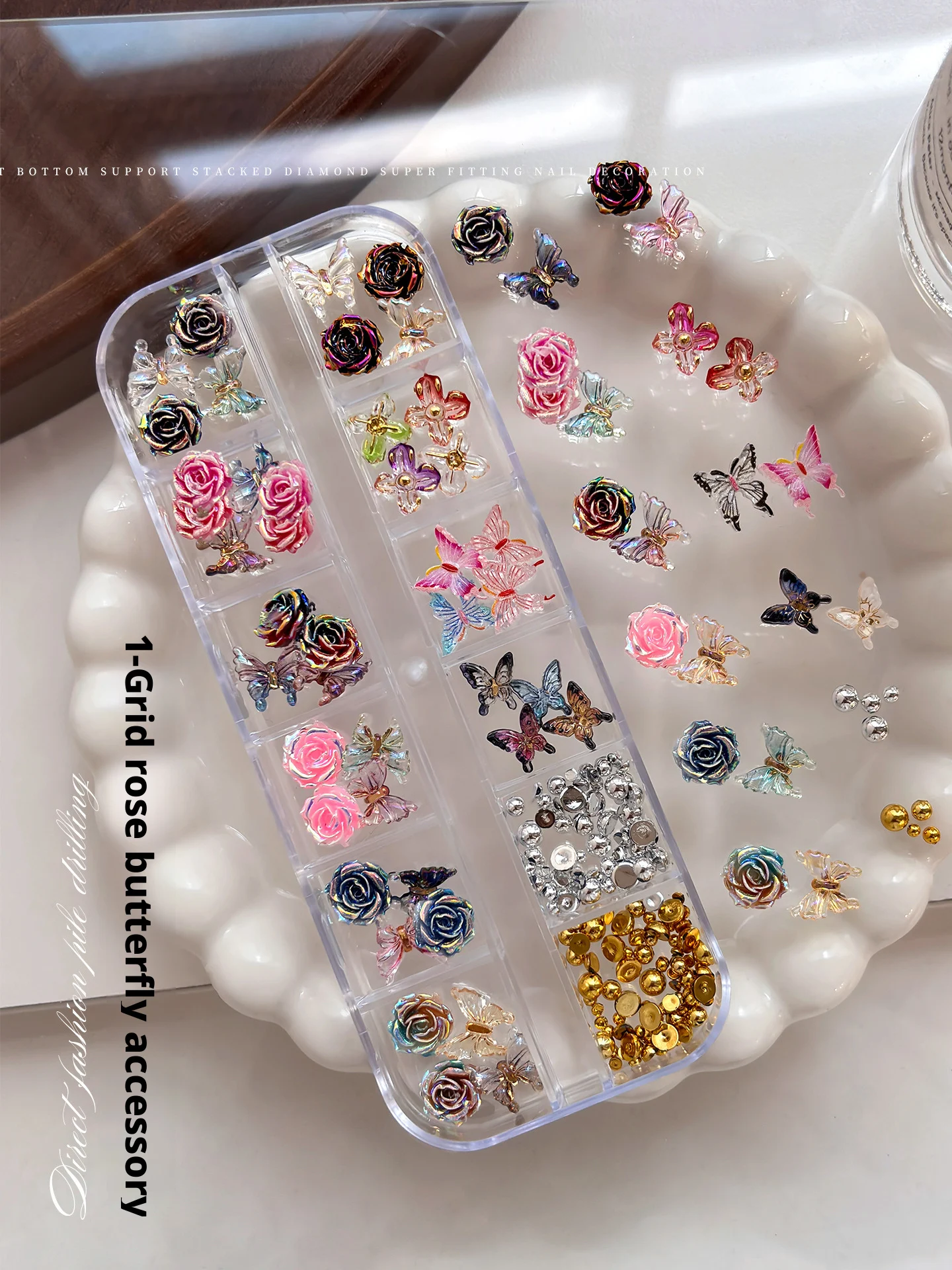Luxury Niche Rose Butterfly Nail Charms Colorful Mixed Iridescent Butterfly Stud Combination Set For Handmade Nail DIY Creation