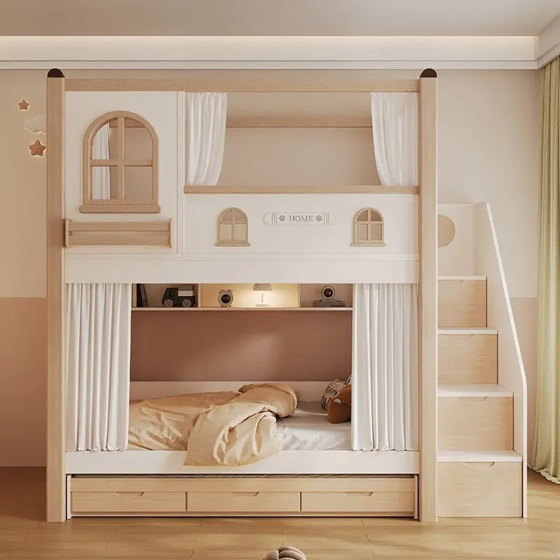 Children's Bunk Bed with Slide and Storage Stairs Queen Size Children Bedroom Furniture  with Shelf and Guardrail Children's Bed