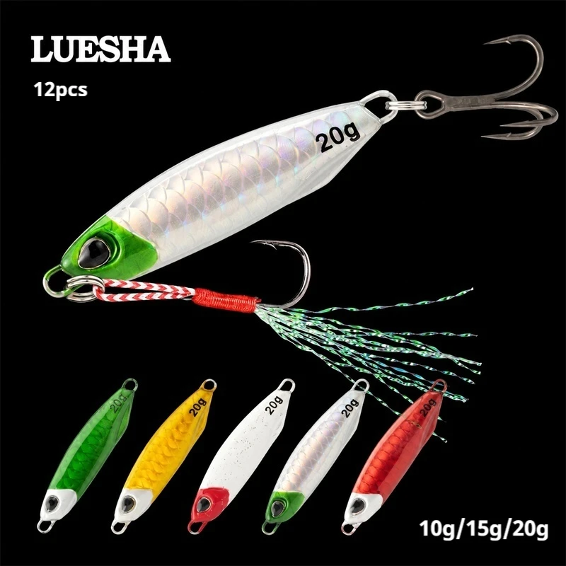 Luesha  10g 15g 20g 12pcs Slow Jigging Lure Metal Lead Sinking Fishing Lure Sharp Treble Hooks Offshore Sea Freshwater Angling