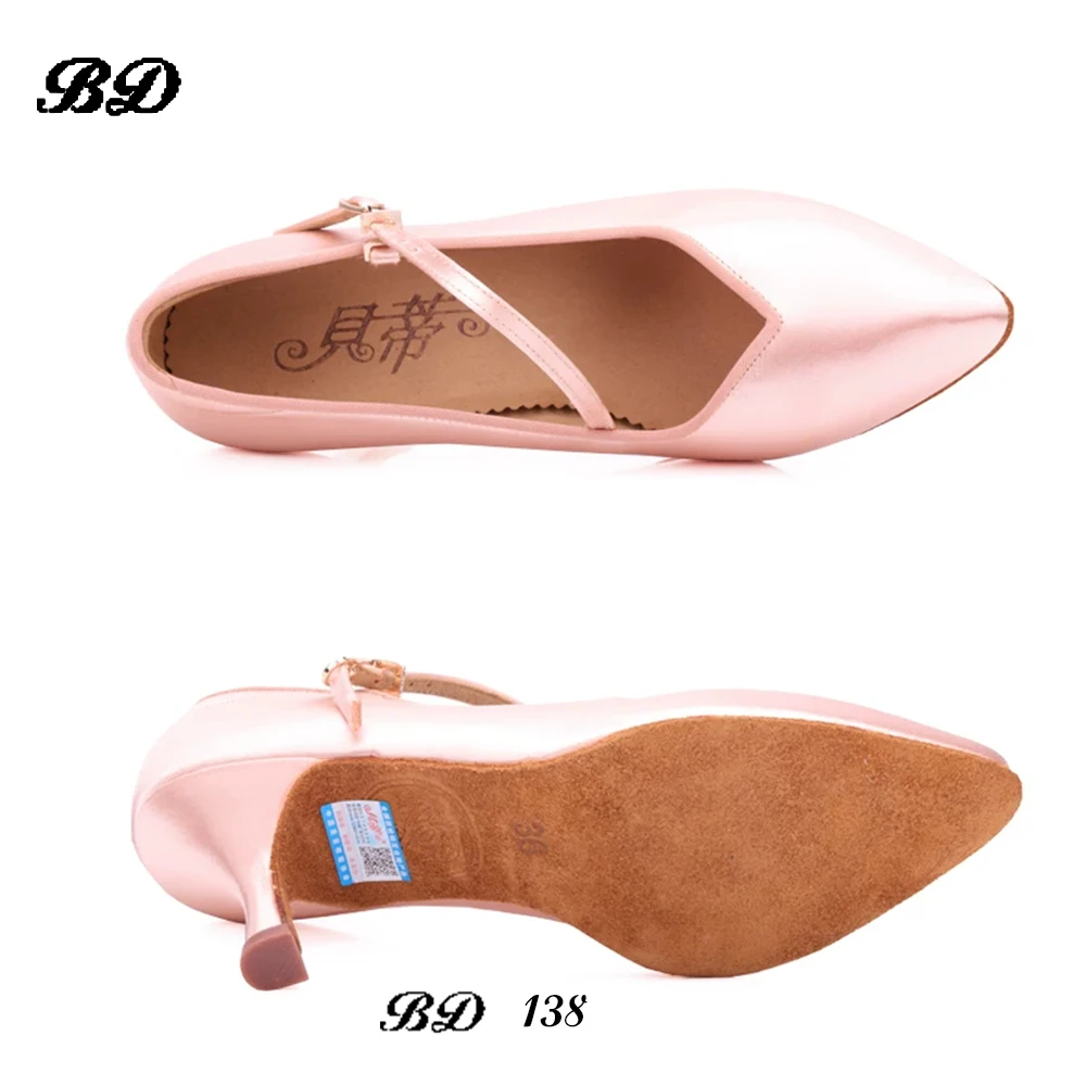 BD Dance Women Standard Shoes 138 ClASSIC Fresh Tan White Satin Low Heel Ladies Ballroom Dance Shoes Soft Outsole Modern Dance