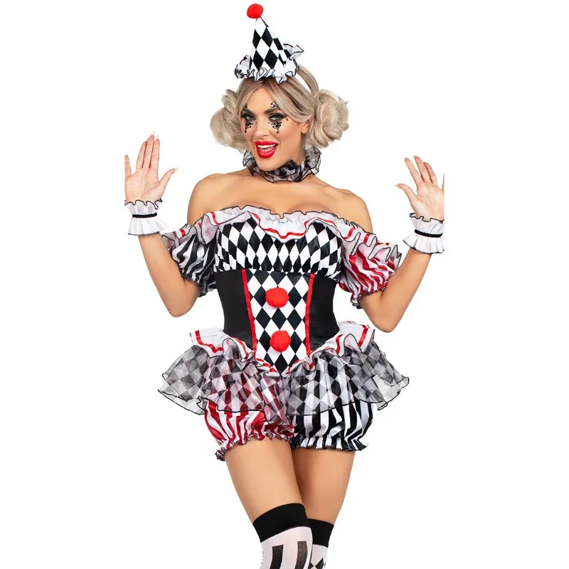 Women Clown Cosplay Costume Circus Performance Outfit Role Play Uniform Halloween Party Carnival Jester Dress Theater Stage Suit