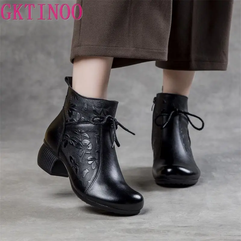 GKTINOO Retro Genuine Leather 2024 Autumn New Women Short Boots Leisure Versatile Solid Color Round Toe Thick Heeled Shoes