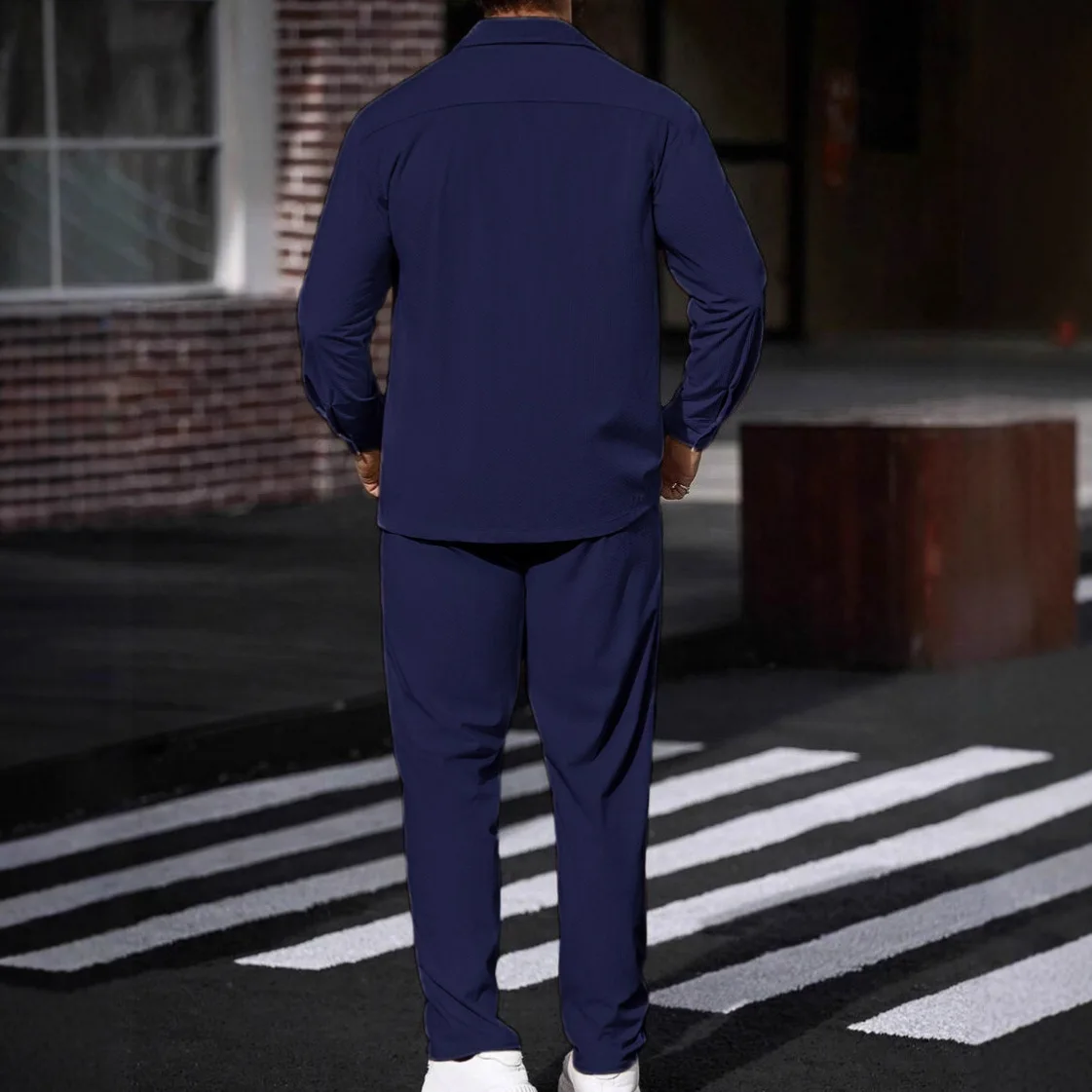 طقم رياضي كاجوال مكون من قطعتين للرجال، جاكيت بسيط بياقة جيب وأزرار، سروال مستقيم الساق، طقم ملابس الخريف من ألياف البوليستر
