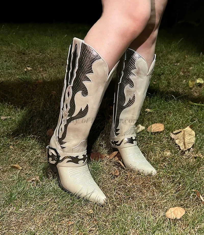 Western chunky heel leather vintage knee high boots women's embroidered pointed toe knight boots luxury designer boots
