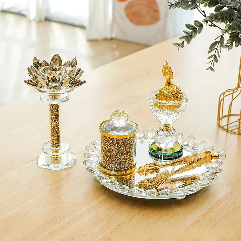 Luxury Arabic Crystal Incense Burner Holder Set Dubai Mubkhar Bakhoor Glass Crystals Censer for Home Decor Ramadan Aromath 2024