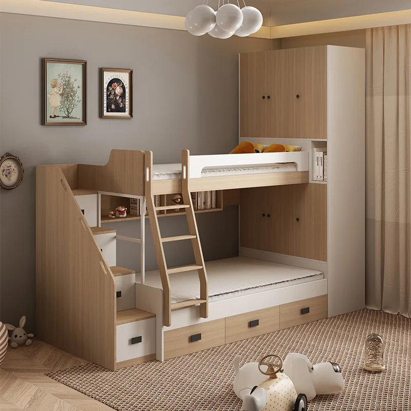 Staggered upper and lower beds Small apartment children's high and low beds Multifunctional upper and lower bunk child and mothe