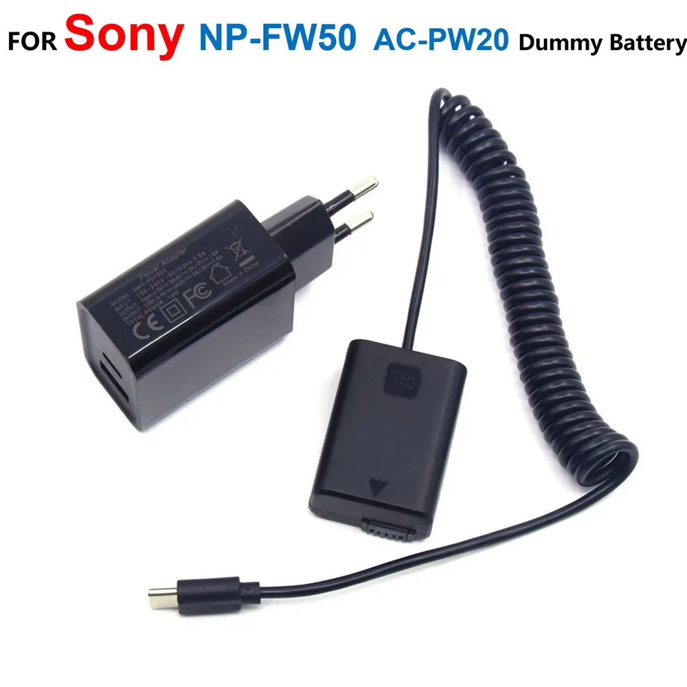 

AC-PW20 NP FW50 Fake Battery USB Type C Power Cable+PD Charger Adapter For Sony A7R ZV-E10 A6500 A6300 A6000 SLTA55 NEXC5 NEX5N