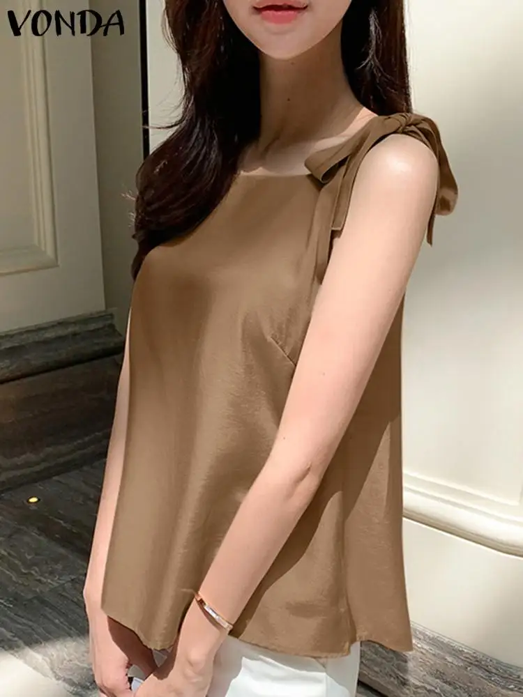 VONDA Summer Women Sleeveless Fashion Shirts 2024 Elegant Casual Crew Neck Sexy Blouse Solid Color Tops Street Blusas Femininas