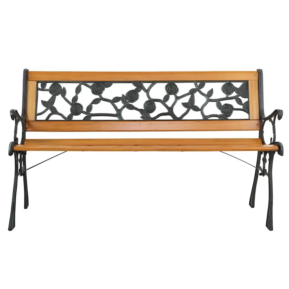 49'' Rose Style Garden Bench - Cast Iron & Hardwood Patio Love Seat for Outdoor Deck & Porch