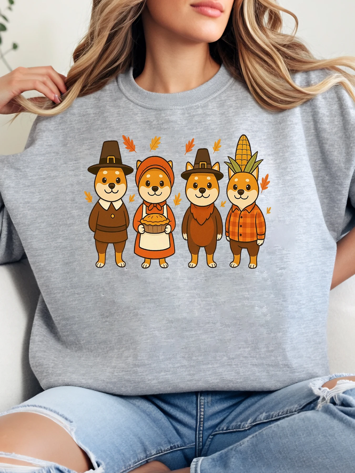 

Толстовка с круглым вырезом и принтом «Симпатичная собака-пилигригрим», женская повседневная осенняя праздничная одежда, серая, больших размеров