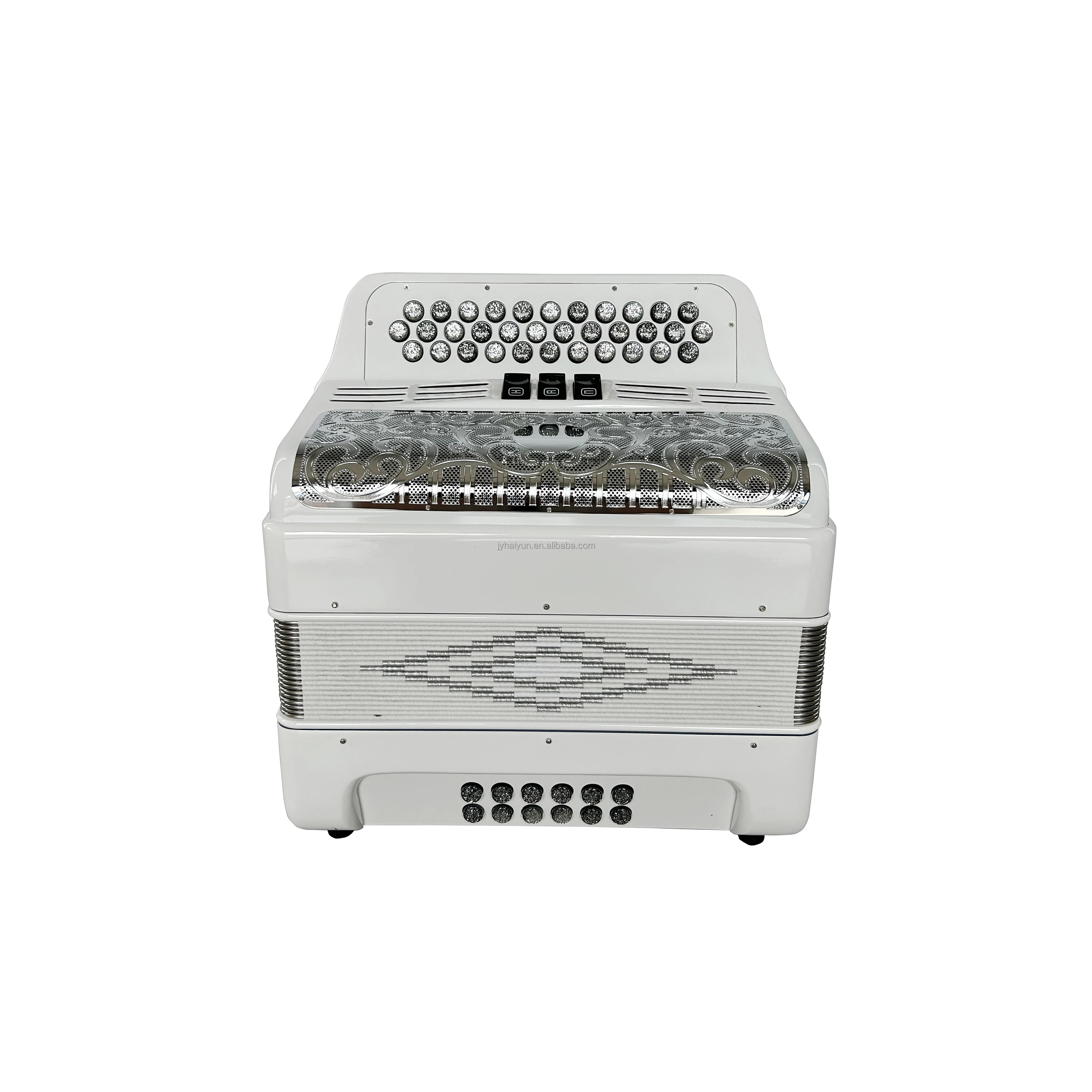 JB3412C Musical Accordion Instrument 34 Buttons 12 Bass 3 Registers Bright White With Silver Grill Buttons Diatonic Conformation