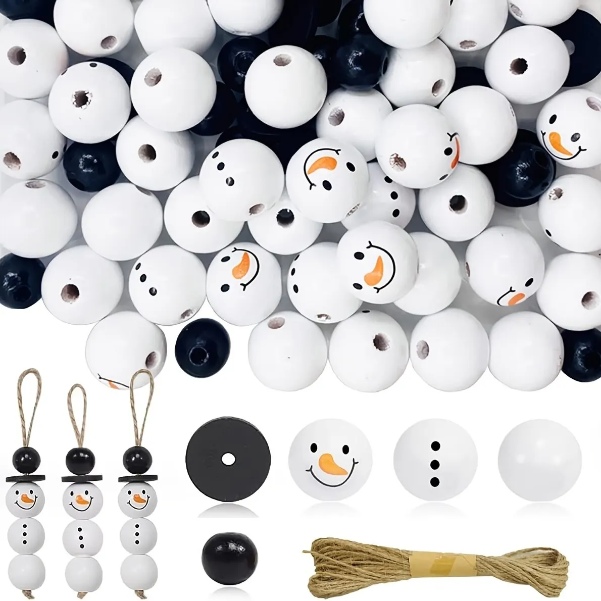 50pcs/100pcs Christmas Snowman Wooden Beads With Jute Twine Unfinished Winter White Round For DIY Crafting Making Holiday Party