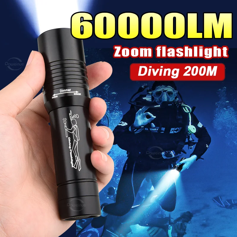 

Portable Super Bright Diving Flashlight 60000LM Powerful LED Professional Diving Torch Waterproof Zoom Diving 200m Scuba Lights